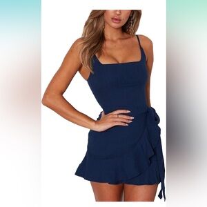 Navy Blue short tie waist ruffle Dress